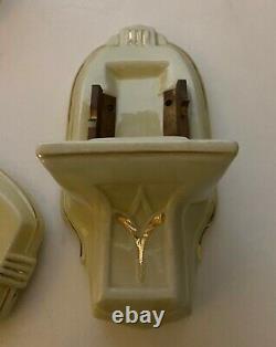 Antique Porcelain Art Deco Slip Shade Ceiling Light Fixture Sconces Green Glass