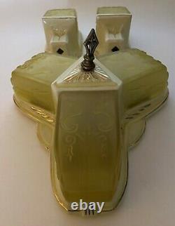 Antique Porcelain Art Deco Slip Shade Ceiling Light Fixture Sconces Green Glass