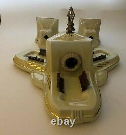 Antique Porcelain Art Deco Slip Shade Ceiling Light Fixture Sconces Green Glass