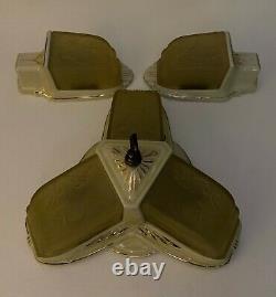 Antique Porcelain Art Deco Slip Shade Ceiling Light Fixture Sconces Green Glass