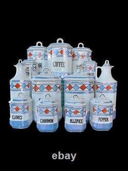 Antique Porcelain Art Deco White Block Czechoslovakia Kitchen Canister Spice Set