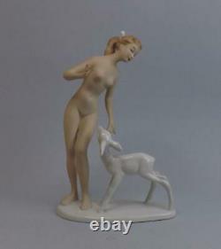 Antique Porcelain German Art Deco Figurine of Nude Lady with Deer by Wallendorf