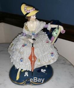 Antique Porcelain Muller Dresden Lace Lady with Parrot Fan Figurine Art Deco