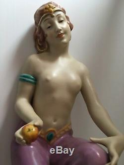 Antique Porcelain Royal Dux Art Deco Gypsy Harem Lady Woman Bird Figurine