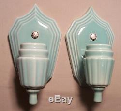Antique Porcelain Sconce Light Fixture Aqua Art Deco Vtg Pair Rewired USA #F91