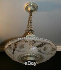 Antique Porcelier frosted glass 14 inch shade Art Deco light fixture chandelier
