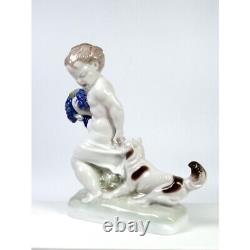 Antique Rosenthal Glazed Porcelain Figurine Boy & Dog Art Deco 1920s GERMANY