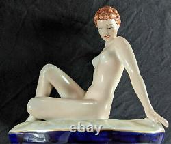 Antique Royal Dux Porcelain Nude Figurine, Reclining Lady, by Elly Strobach, 195