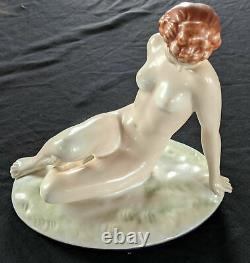 Antique Royal Dux Porcelain Nude Figurine, Reclining Lady, by Elly Strobach, 195