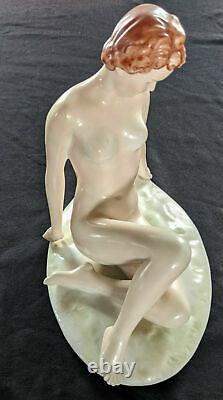 Antique Royal Dux Porcelain Nude Figurine, Reclining Lady, by Elly Strobach, 195