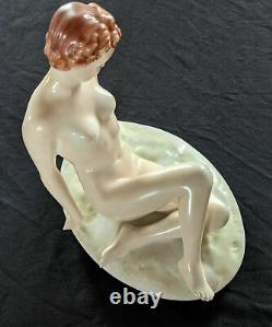 Antique Royal Dux Porcelain Nude Figurine, Reclining Lady, by Elly Strobach, 195
