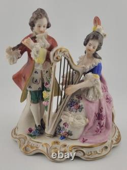 Antique Sitzendorf Germany Porcelain Musical Couple Figurine Lace Harp Flute