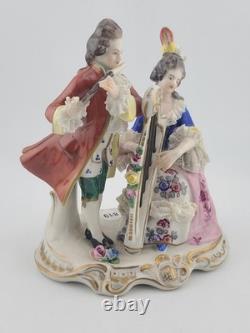 Antique Sitzendorf Germany Porcelain Musical Couple Figurine Lace Harp Flute