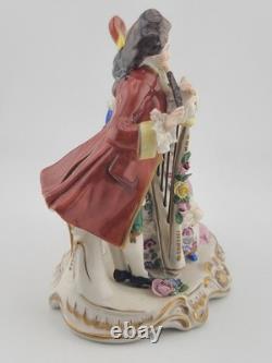 Antique Sitzendorf Germany Porcelain Musical Couple Figurine Lace Harp Flute