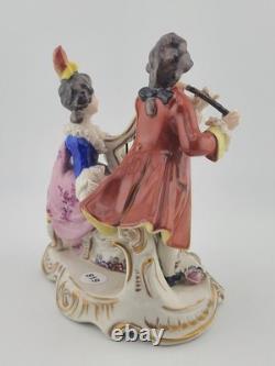 Antique Sitzendorf Germany Porcelain Musical Couple Figurine Lace Harp Flute