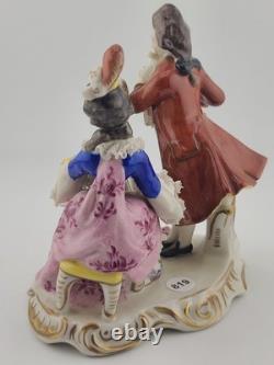 Antique Sitzendorf Germany Porcelain Musical Couple Figurine Lace Harp Flute