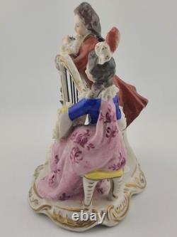 Antique Sitzendorf Germany Porcelain Musical Couple Figurine Lace Harp Flute