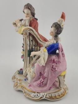 Antique Sitzendorf Germany Porcelain Musical Couple Figurine Lace Harp Flute