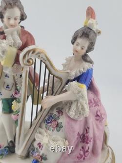 Antique Sitzendorf Germany Porcelain Musical Couple Figurine Lace Harp Flute