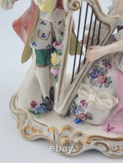 Antique Sitzendorf Germany Porcelain Musical Couple Figurine Lace Harp Flute