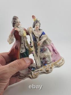 Antique Sitzendorf Germany Porcelain Musical Couple Figurine Lace Harp Flute