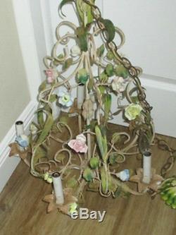 Antique VINTAGE Italian TOLE Metal Porcelain Flowers Roses 5 Light Chandelier