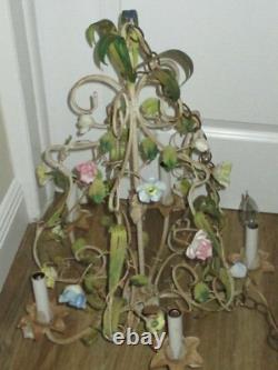 Antique VINTAGE Italian TOLE Metal Porcelain Flowers Roses 5 Light Chandelier