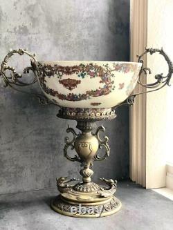 Antique Vintage Bronze Porcelain Art Deco Rococo Floral Centerpiece Bowl 18Tall