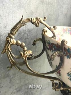 Antique Vintage Bronze Porcelain Art Deco Rococo Floral Centerpiece Bowl 18Tall