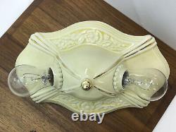 Antique Vtg Art Deco Flush Mount Ceiling Fixture Light Porcelain Ceramic, Yellow