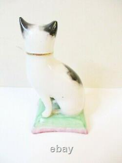 Antique Wk Staffordshire Ware White & Black Cat On Pillow, England, Porcelain