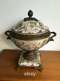 Antique Wong Lee Olive Green Art Deco Porcelain & Bronze Pedestal Lidded Bowl