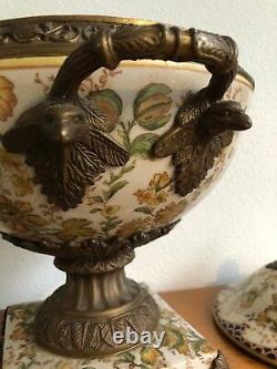 Antique Wong Lee Olive Green Art Deco Porcelain & Bronze Pedestal Lidded Bowl