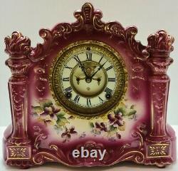 Antique Working 1881 ANSONIA Victorian Porcelain Open Escapement Mantel Clock