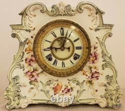 Antique Working 1881 ANSONIA Victorian Porcelain Open Escapement Mantel Clock