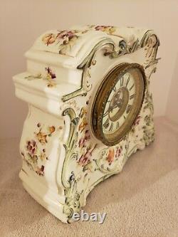 Antique Working 1881 ANSONIA Victorian Porcelain Open Escapement Mantel Clock