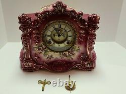 Antique Working 1881 ANSONIA Victorian Porcelain Open Escapement Mantel Clock