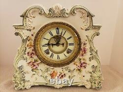 Antique Working 1881 ANSONIA Victorian Porcelain Open Escapement Mantel Clock