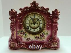 Antique Working 1881 ANSONIA Victorian Porcelain Open Escapement Mantel Clock