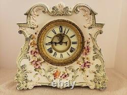 Antique Working 1881 ANSONIA Victorian Porcelain Open Escapement Mantel Clock