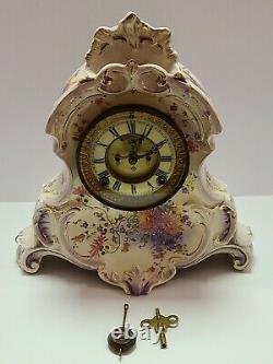 Antique Working 1882 ANSONIA La Normandie Porcelain Open Escapement Mantel Clock