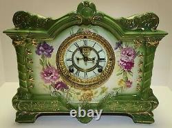 Antique Working ANSONIA La Palma Royal Bonn Victorian Porcelain Mantel Clock