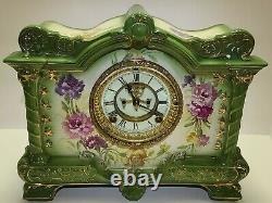 Antique Working ANSONIA La Palma Royal Bonn Victorian Porcelain Mantel Clock