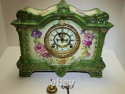 Antique Working ANSONIA La Palma Royal Bonn Victorian Porcelain Mantel Clock