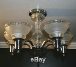 Antique chrome five socket frosted glass shade Art Deco ceiling light fixture