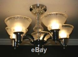 Antique chrome five socket frosted glass shade Art Deco ceiling light fixture