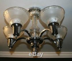 Antique chrome five socket frosted glass shade Art Deco ceiling light fixture