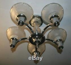 Antique chrome five socket frosted glass shade Art Deco ceiling light fixture