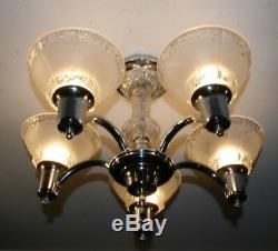 Antique chrome five socket frosted glass shade Art Deco ceiling light fixture
