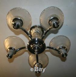 Antique chrome five socket frosted glass shade Art Deco ceiling light fixture